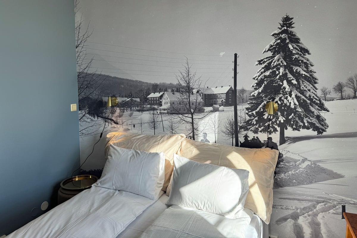 Un dormitorio con cama, almohadas y un mural en la pared de un paisaje nevado.
