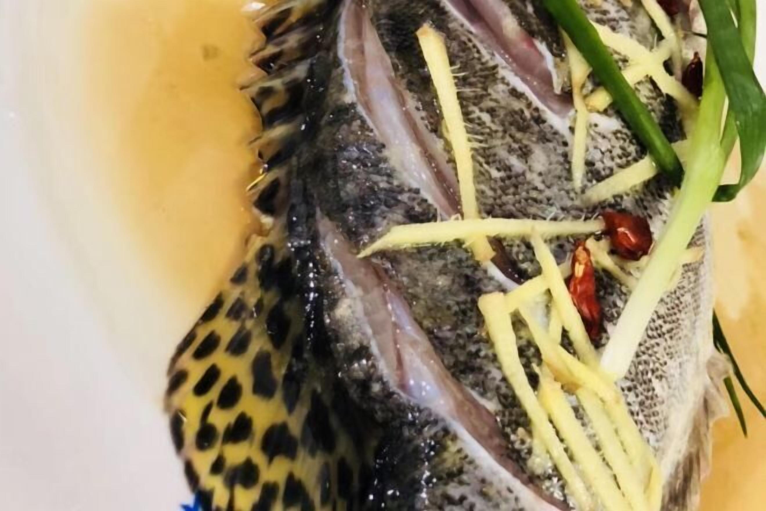 A fish with ginger and green onions on it.