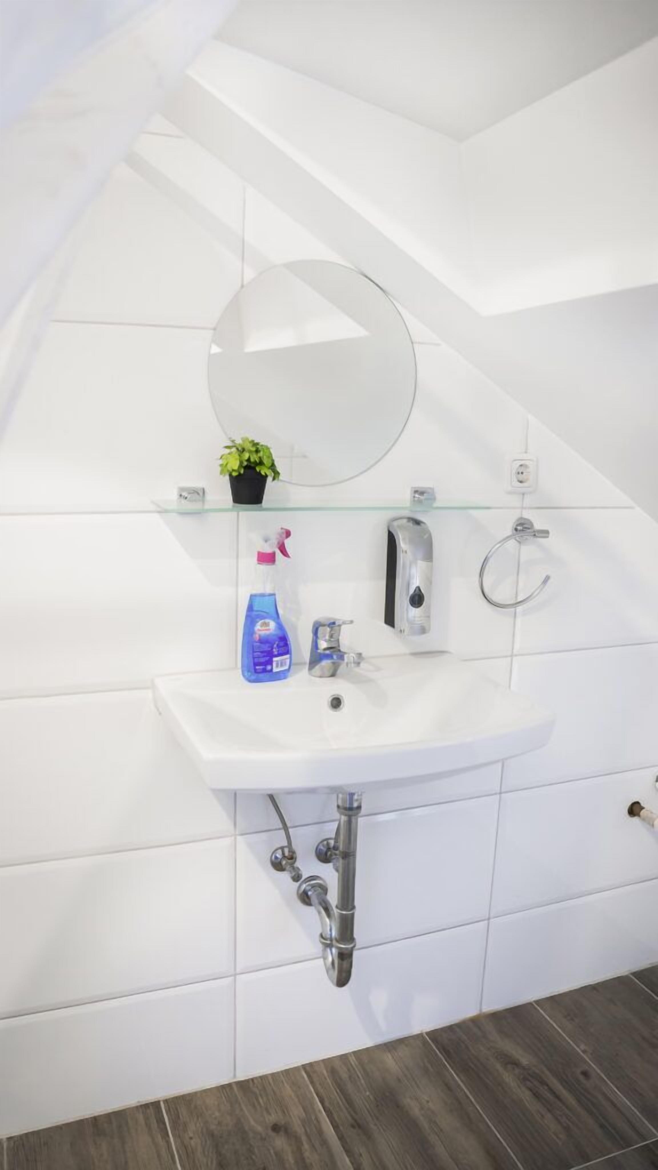 A modern bathroom with a white sink, a round mirror, a small potted plant, and a bottle of blue cleaning product.