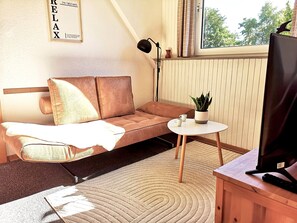 Smart-tv, bøger, stereoanlæg