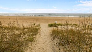 A sandy beach path leading to the ocean with sparse vegetation. - Walk on the Beach "Downtown" - your feet in the sand in 250 ft.  Pet friendly (Atlantic Beach)