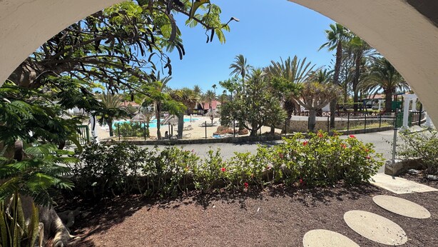 Une vue à travers une arche donnant sur un complexe hôtelier, avec une piscine, des palmiers et une allée pavée.