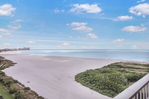 A coastal view with a beach, a clear sky, and distant buildings. - Penthouse Beachfront Condo | Pool/Fitness/Grills (Marco Island)