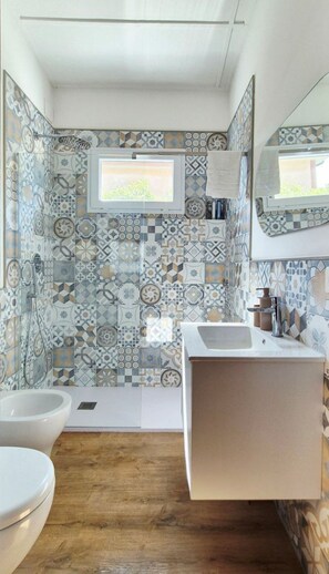 Shower, hair dryer, bidet, towels