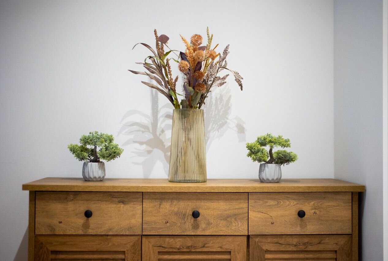 A wooden dresser with three potted plants.