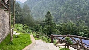 A stone staircase leading down a lush green hillside with a wooden fence and a brick wall on the left. - Zhangjiajie Xianlv Residential Accommodation (Wulingyuan National Scenic Spot Scenic Spot Store) (Zhangjiajie)
