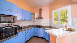 A kitchen with blue cabinets, a gas stove, a built-in oven, and a window with a view of greenery.