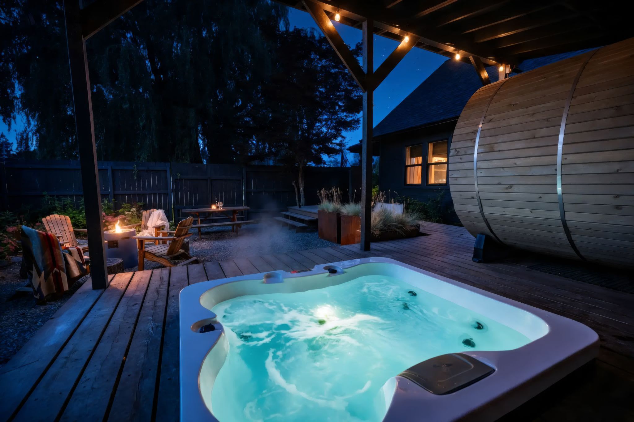 Un bain à remous installé sur une terrasse en bois, avec un espace salon couvert et un grand tonneau.