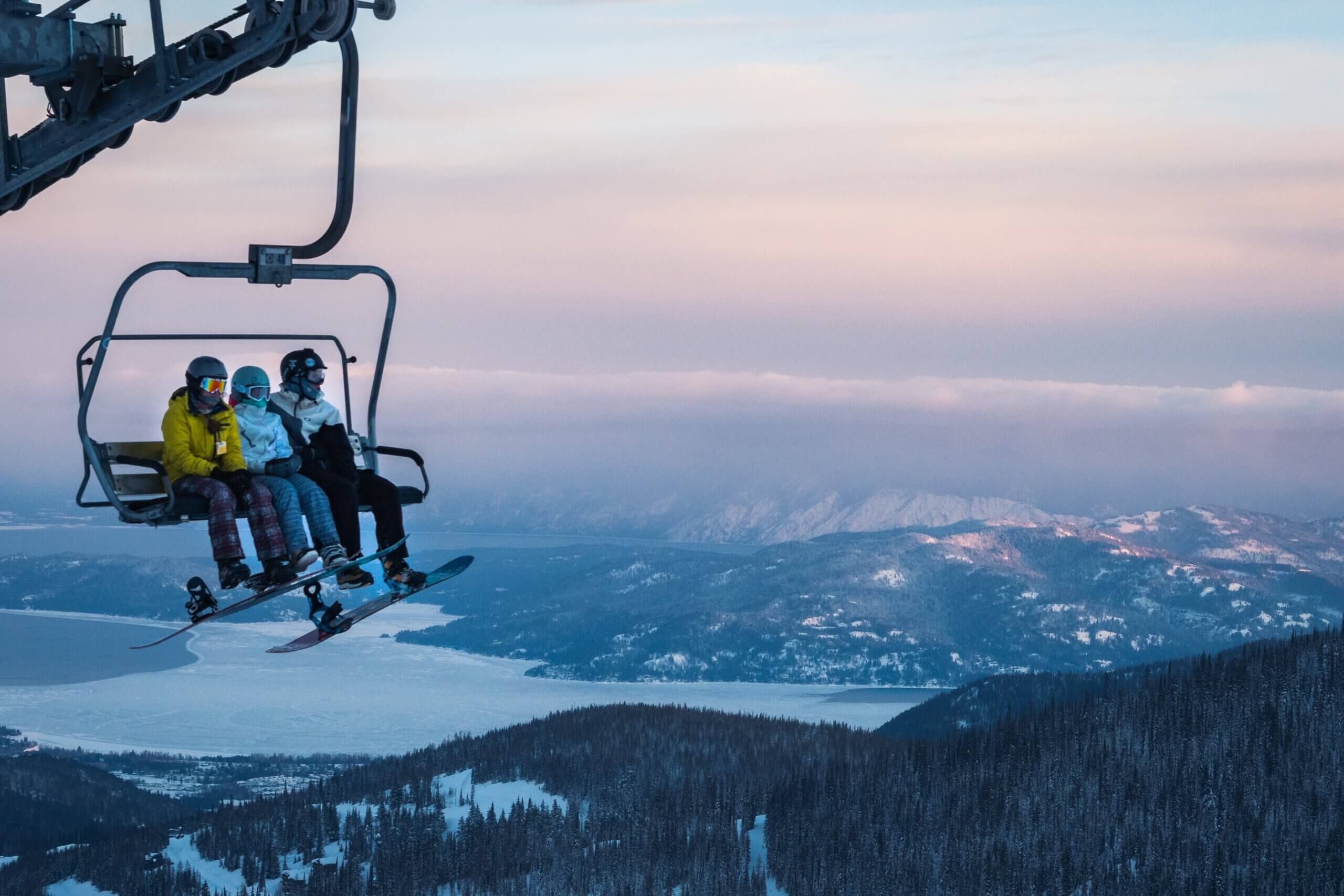 A ski lift with passengers.