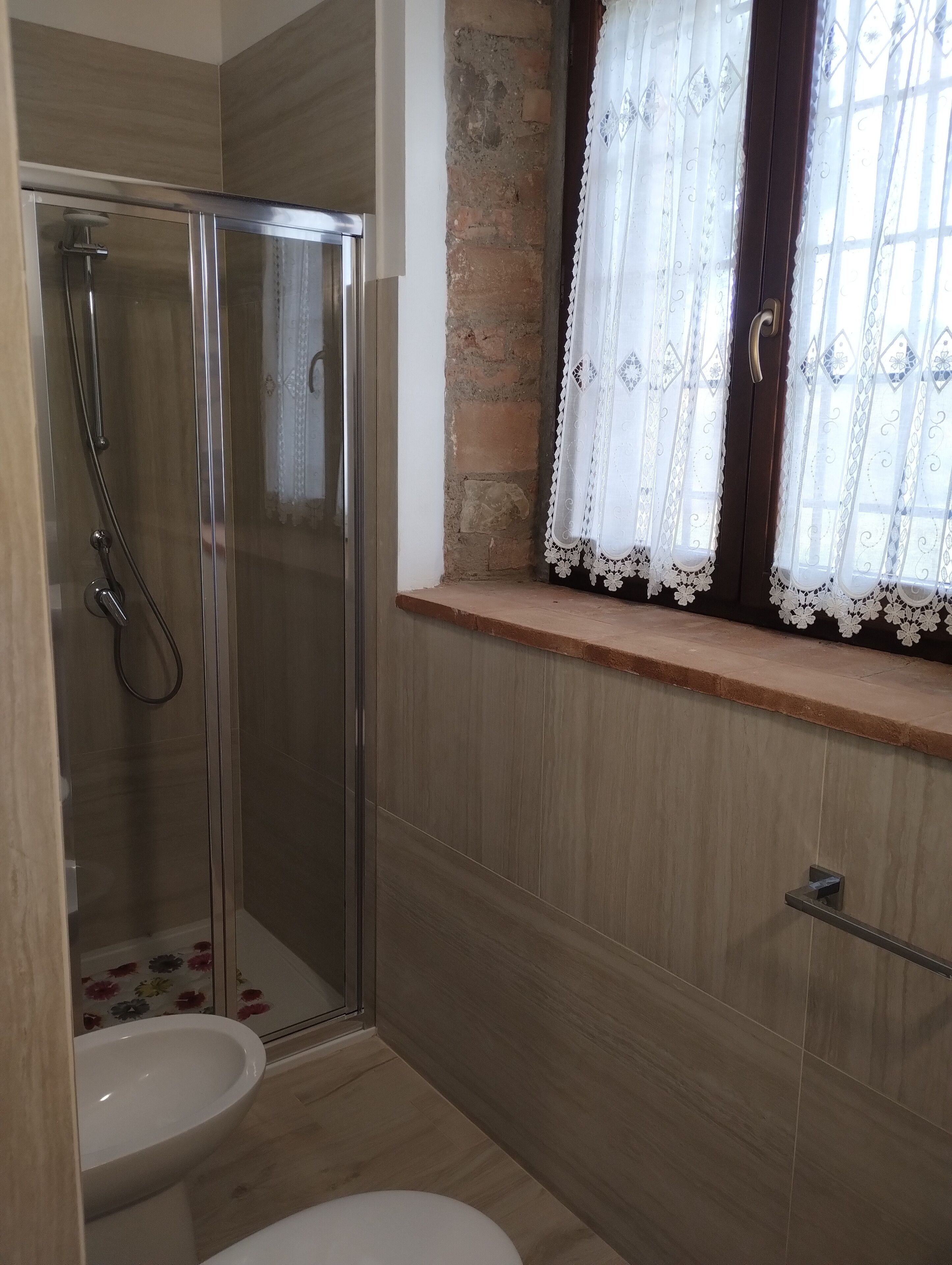 A bathroom with a glass shower enclosure, a toilet, and a window with lace curtains.