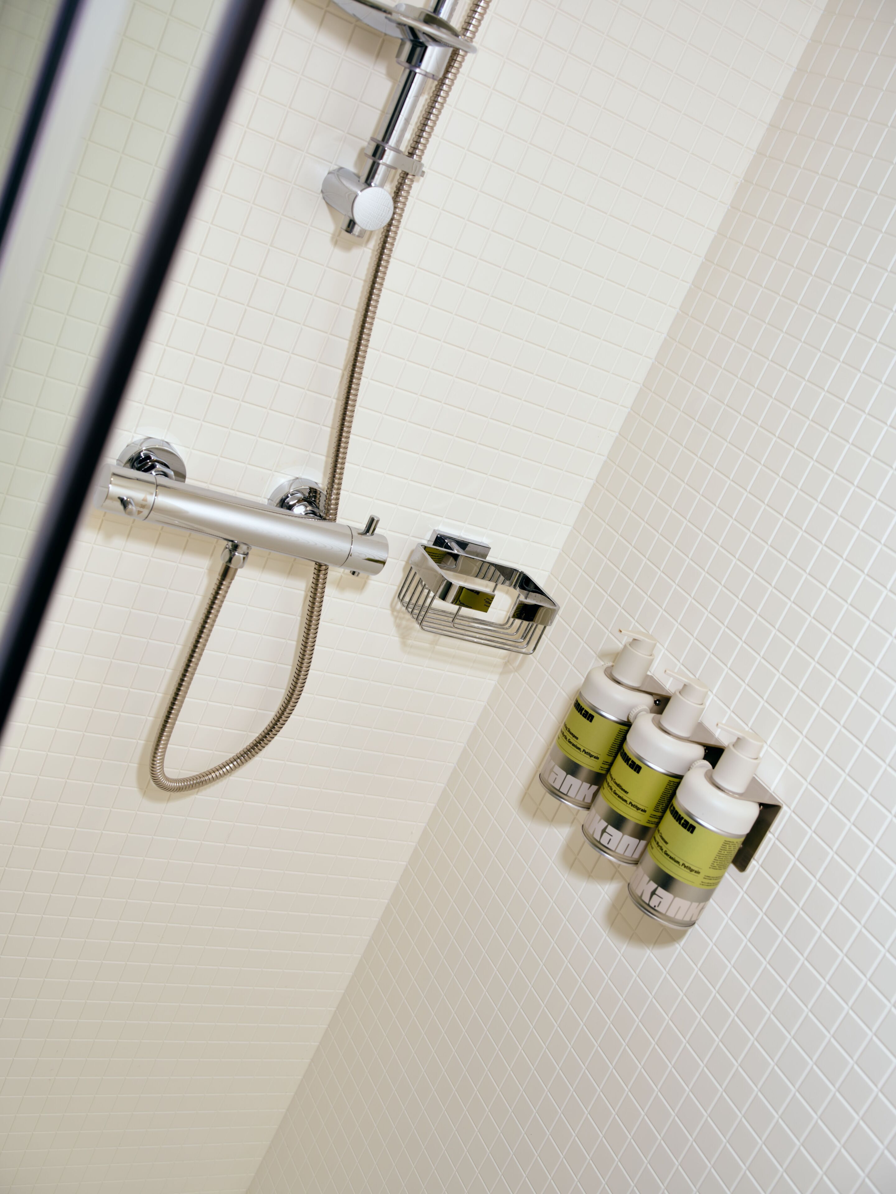 A shower area with a handheld showerhead, a wall-mounted control, and a soap dispenser.