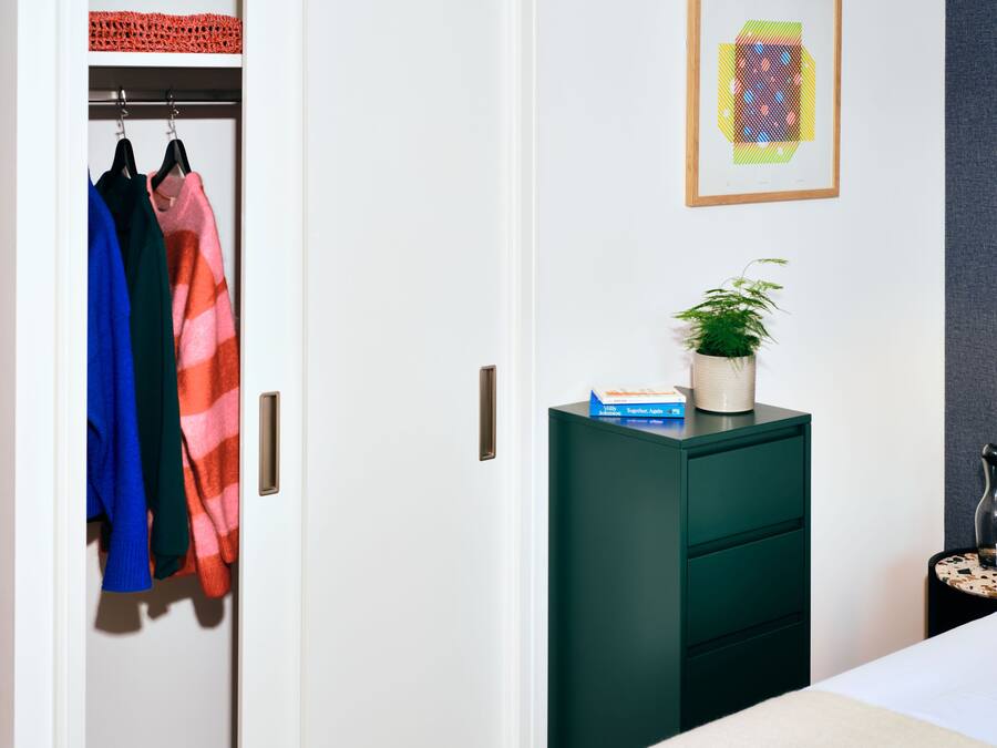 A bedroom with a closet containing colorful clothing, a green dresser with a plant and a book, and a framed artwork on the wall.