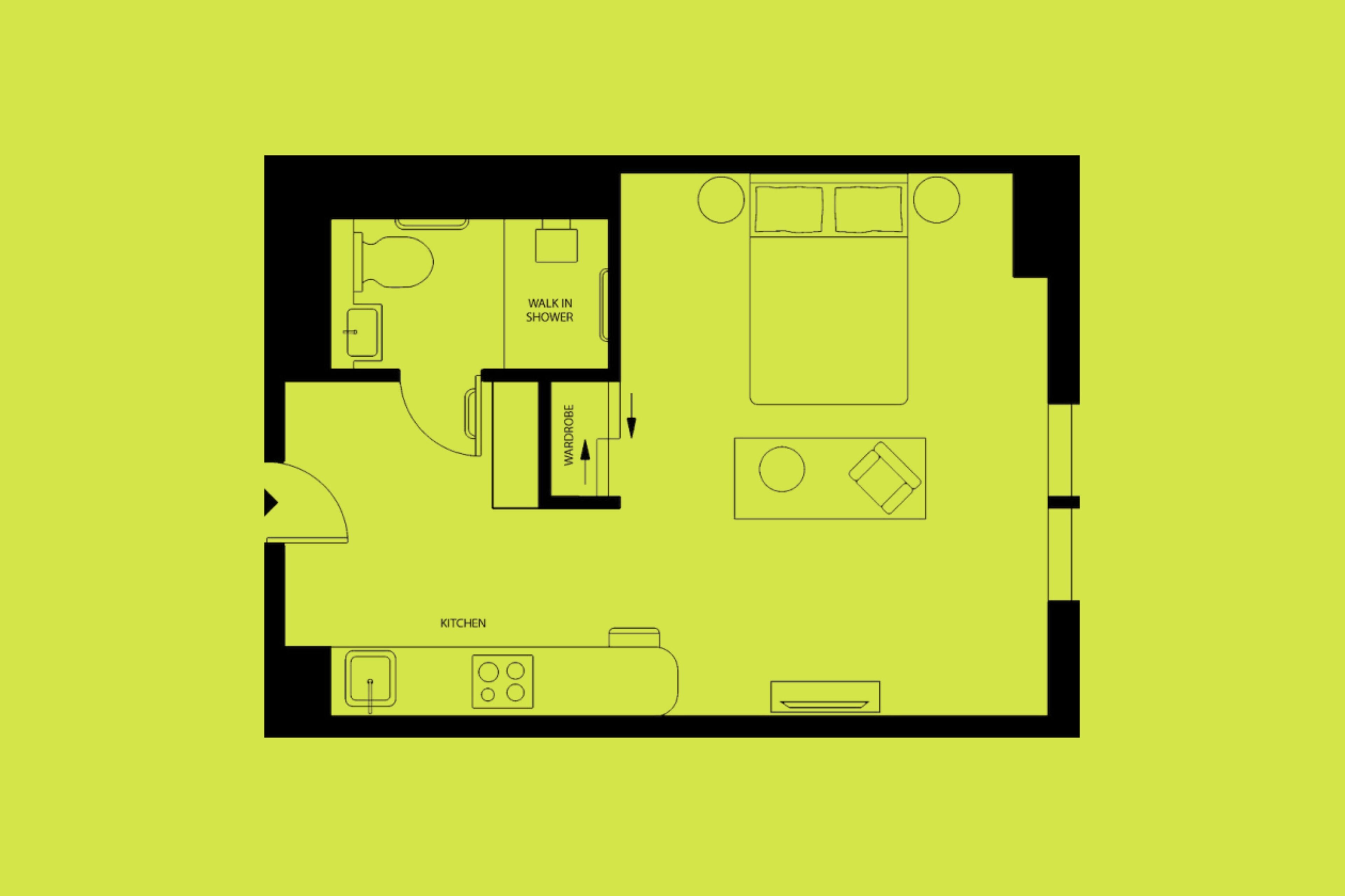 Ein Grundriss eines Hotelzimmers mit Küchenbereich, begehbarem Kleiderschrank und Dusche.
