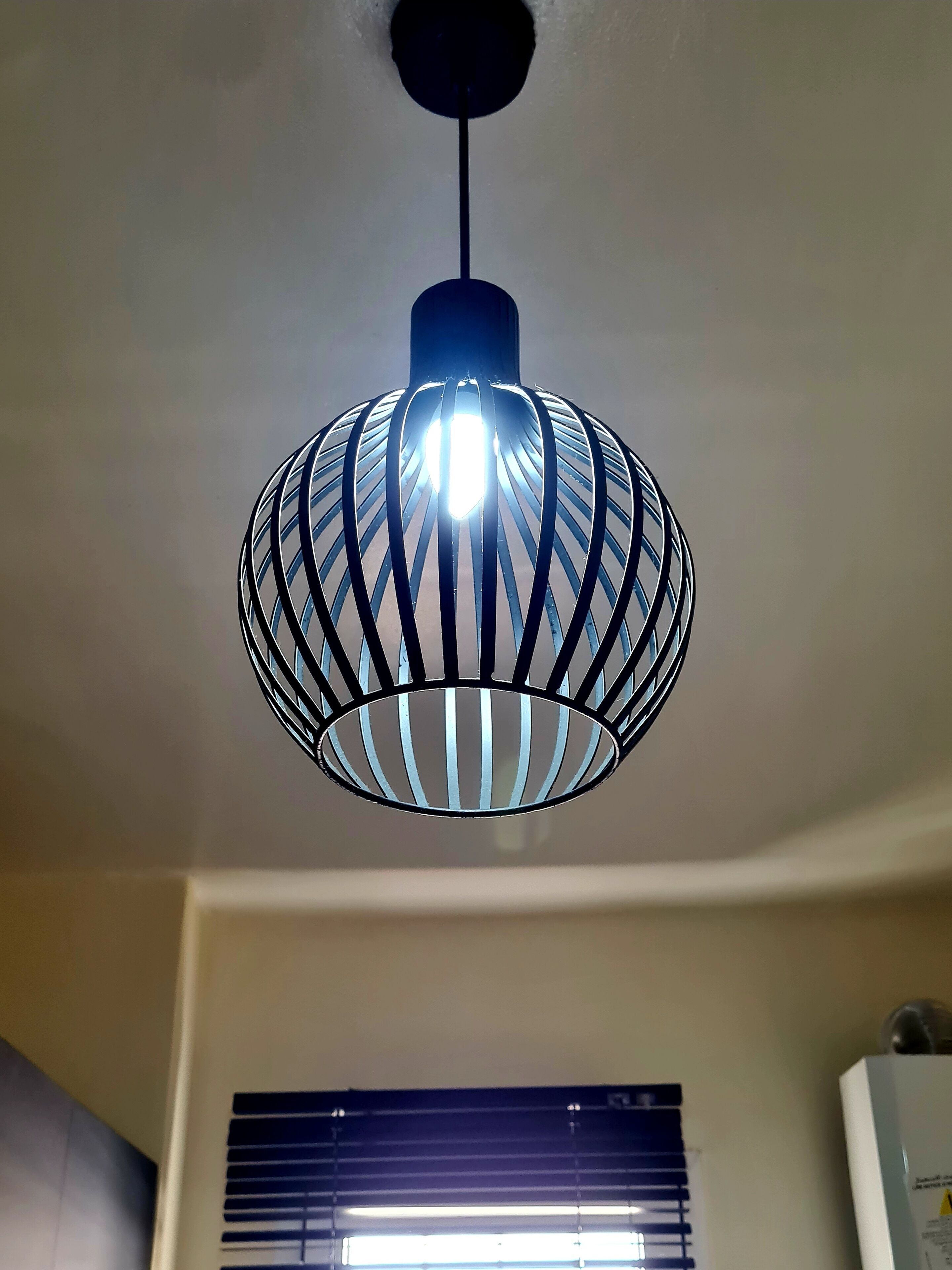 A spherical pendant light fixture with a black metal frame and a central bulb.