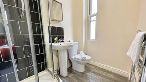 A bathroom with a glass shower enclosure, a white sink, and a toilet. - LHR Studio 4 - Coventry (Coventry)