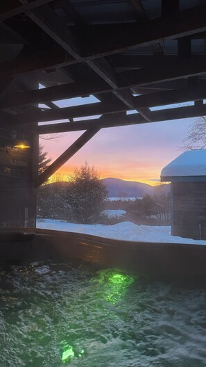 Vista desde el interior de un edificio con estructura de techo metálico, hacia un paisaje nevado al atardecer.