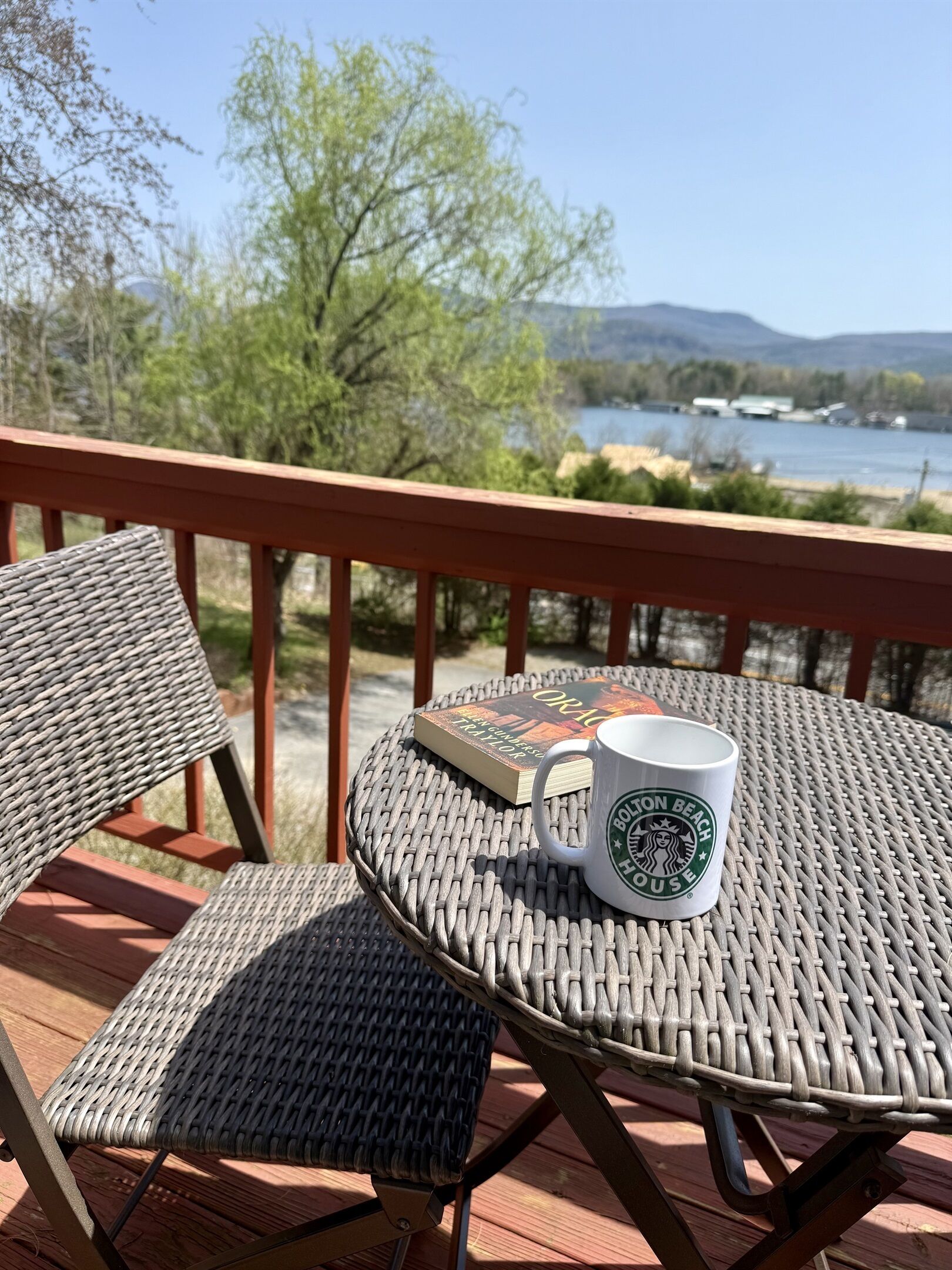 Ein Korbtisch mit einer weißen Tasse und einem Buch darauf, auf einem Balkon mit Blick auf einen See und Bäume.