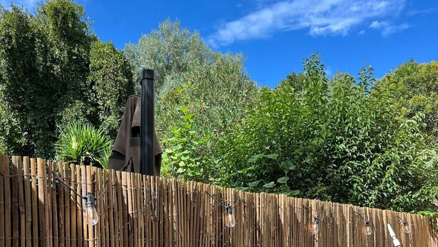 Une clôture en bambou avec un luminaire fixé dessus.