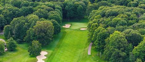 An aerial view of a golf course surrounded by dense forest.