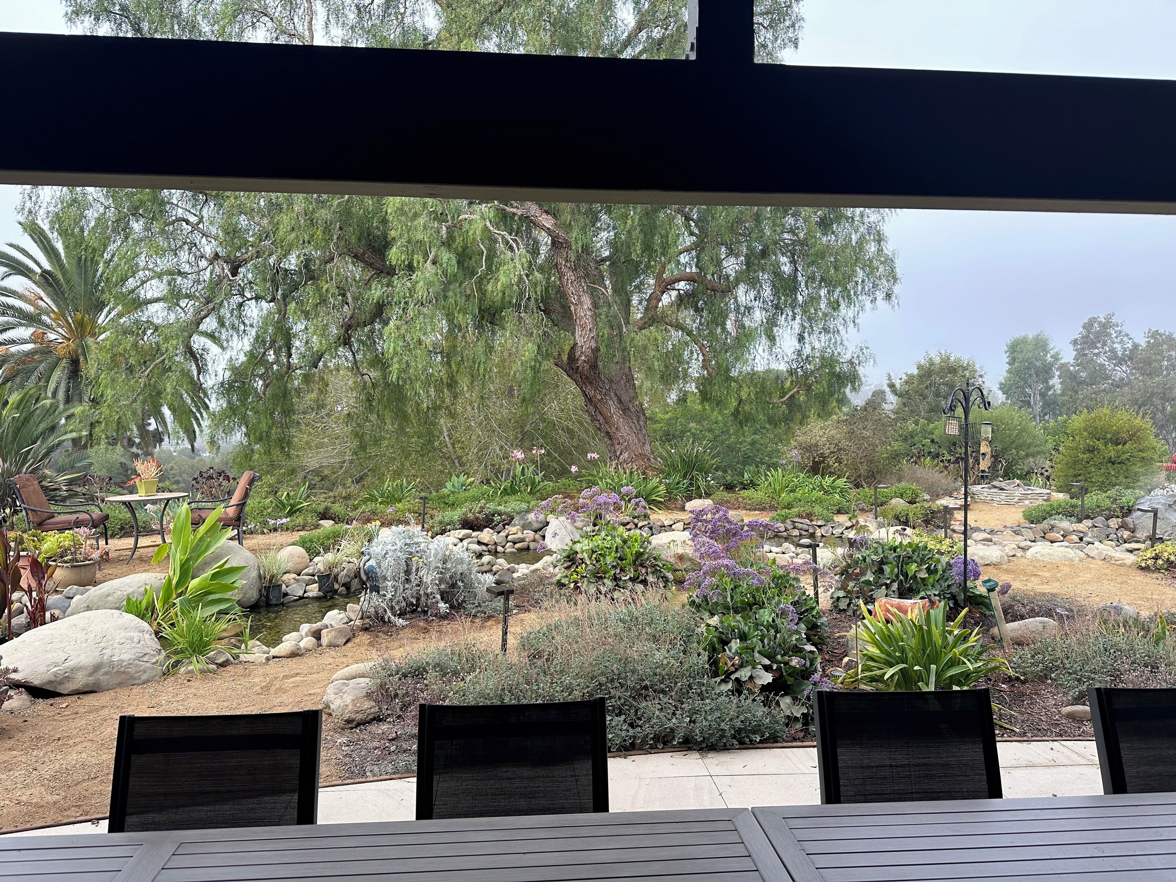 An outdoor seating area with a view of a landscaped garden featuring rocks, plants, and trees.