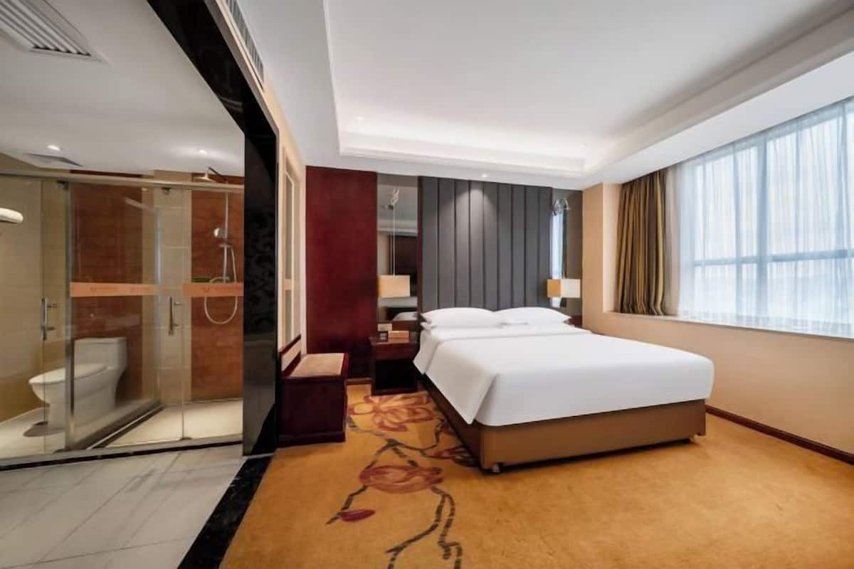 A hotel room with a large bed, a shower, and a glass-enclosed toilet.