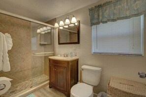 Bathroom features a shower area with a glass door, a vanity with sink and mirror, and a toilet.
