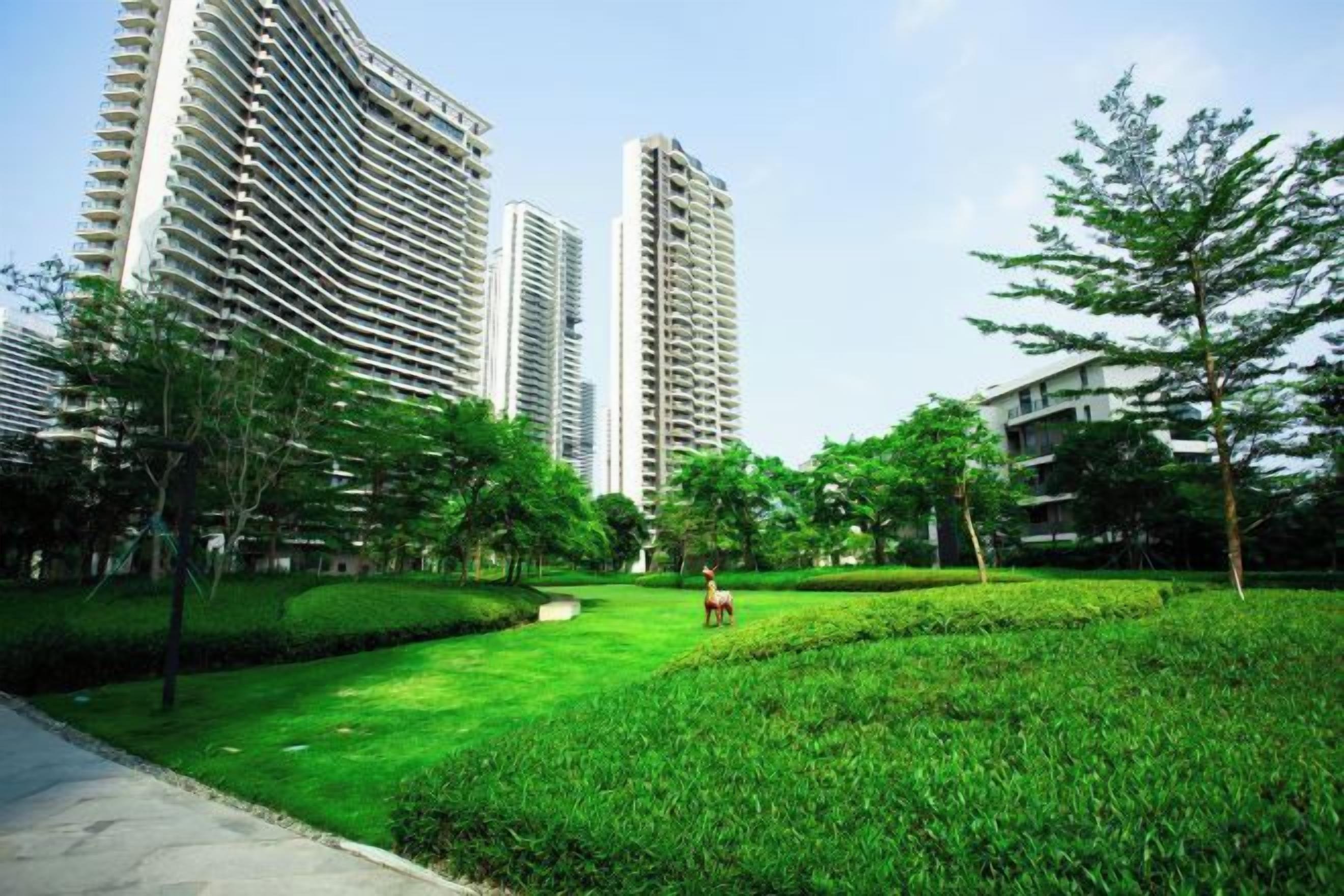 A park with a pathway, trees, and a person riding a horse.