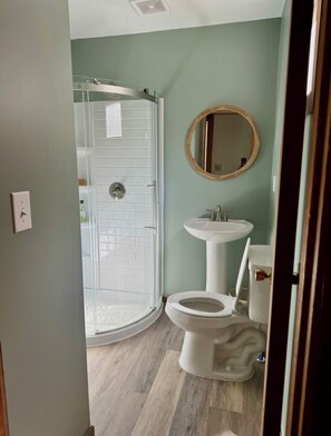 Douche, séchoir à cheveux, serviettes fournies, papier de toilette