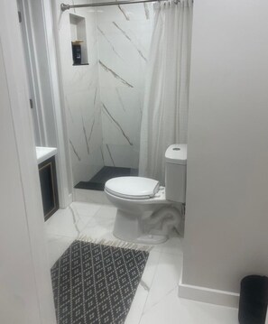 Hair dryer, towels, soap, shampoo