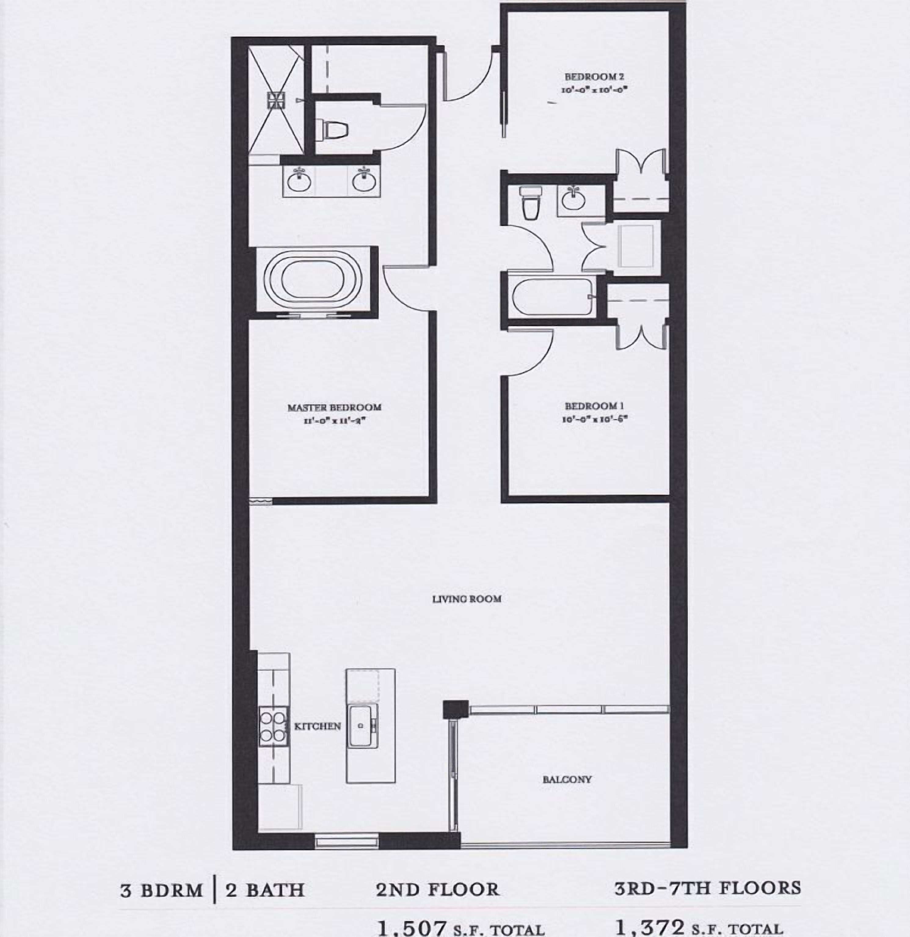 Distribución de un apartamento en un segundo piso con 3 recámaras, 2 baños, sala, cocina y un balcón.