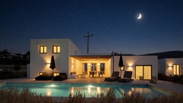 A modern house with a swimming pool, outdoor seating, and a cross on the roof. - Faragas Hill Oasis Villa (Aliki)