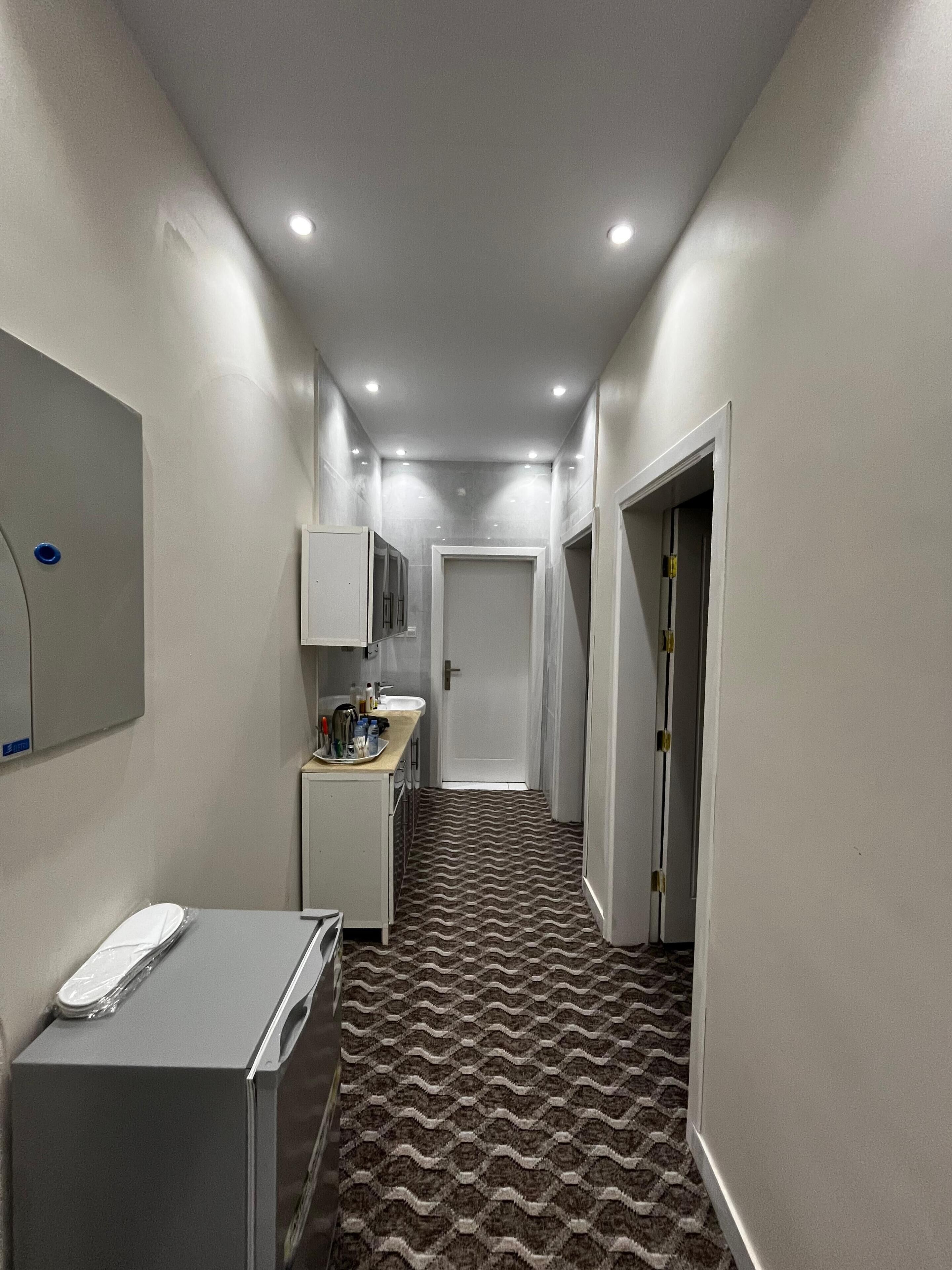A narrow hallway with a patterned carpet, a sink, and cabinets.