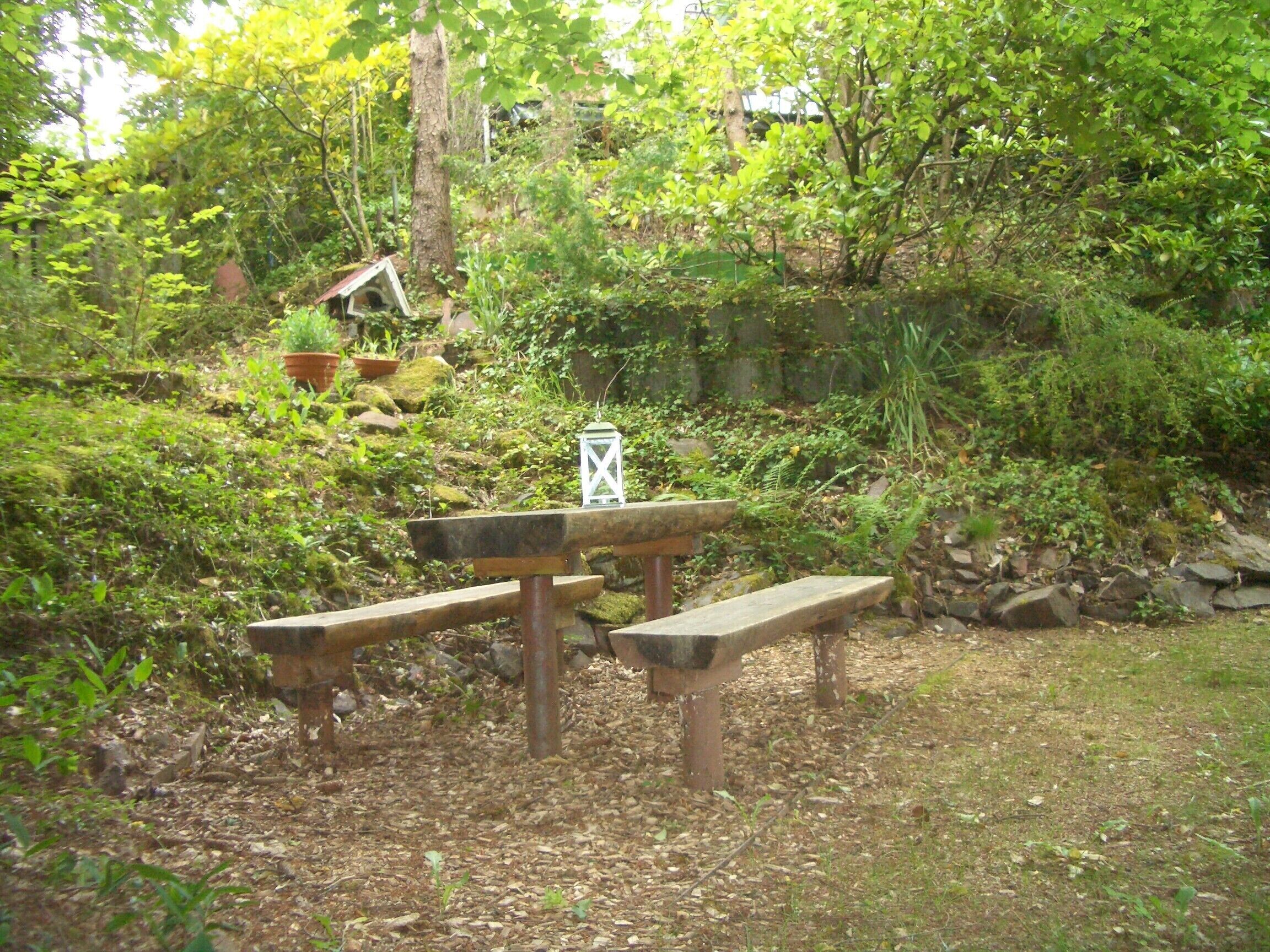 Ein rustikaler Sitzbereich im Freien mit Bänken und einer Laterne, umgeben von dichtem Grün und einem Vogelhäuschen.
