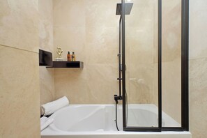 Shower, hair dryer, bidet, towels