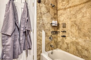 Hair dryer, towels, soap, shampoo