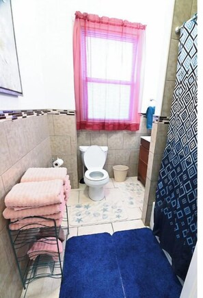 Hair dryer, towels, soap, shampoo