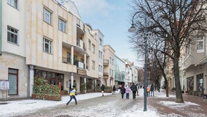 Uma rua coberta de neve com edifícios altos, uma passarela para pedestres e árvores sem folhas.