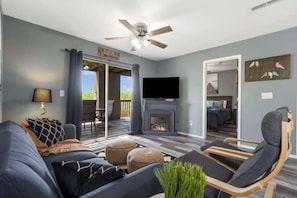 Télévision, cheminée, lecteur de DVD, espaces bureaux