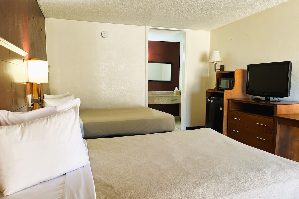 Habitación de hotel con dos camas, televisión, microondas y un pequeño baño.