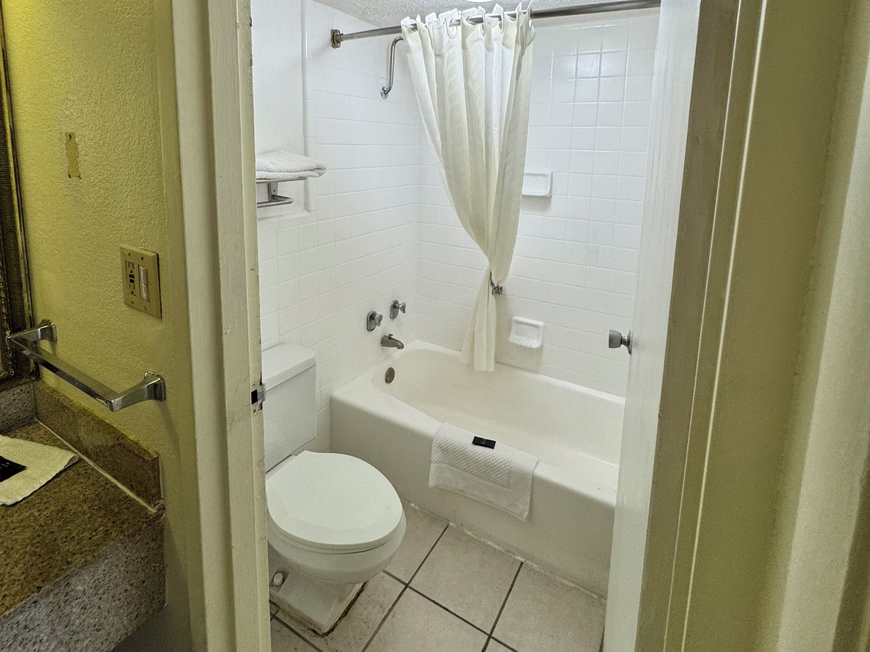 A bathroom with a toilet, bathtub, and shower curtain.
