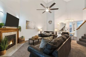 TV, fireplace, books