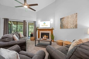 Televisión, chimenea y libros 