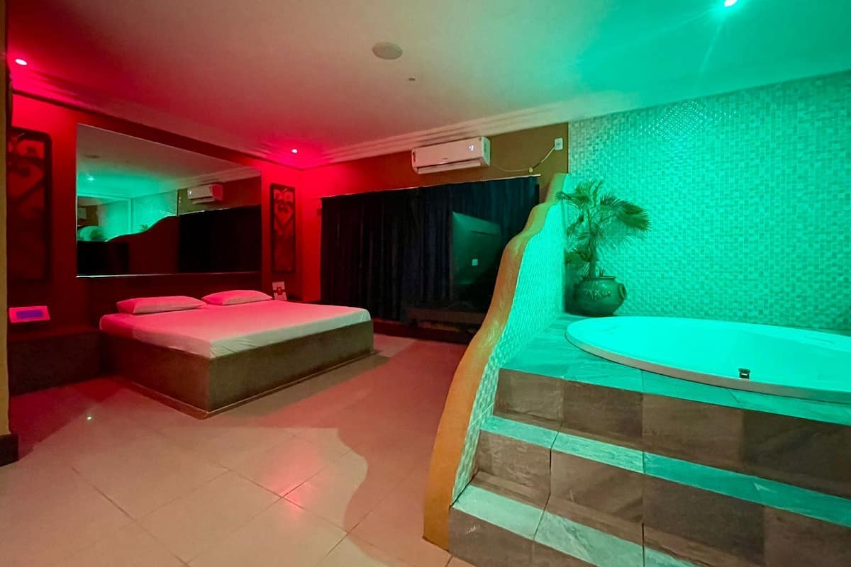 A hotel room with a bed, a small desk, a mirror, a potted plant, and a bathroom with a sink and a shower.