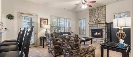 Télévision, cheminée, lecteur de DVD