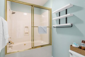 Shower, hair dryer, shampoo