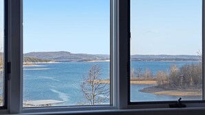 En vy genom ett fönster ut över en vattenyta med en avlägsen kustlinje och träd.