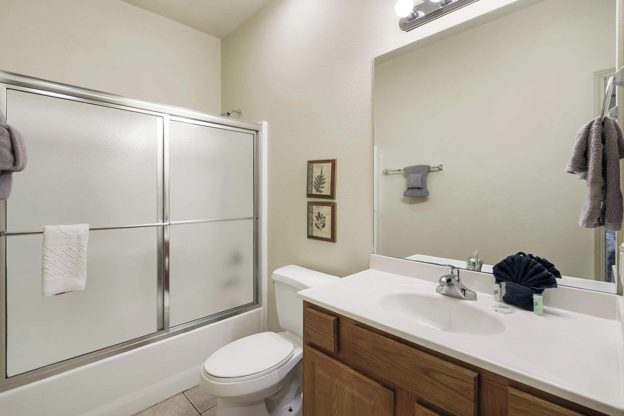 Shower, hair dryer, towels, shampoo