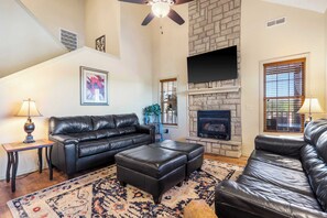 Télévision, cheminée, lecteur de DVD, espaces bureaux