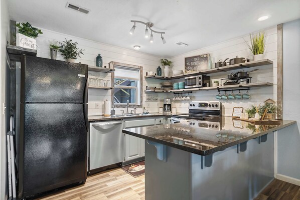 Fridge, microwave, oven, stovetop