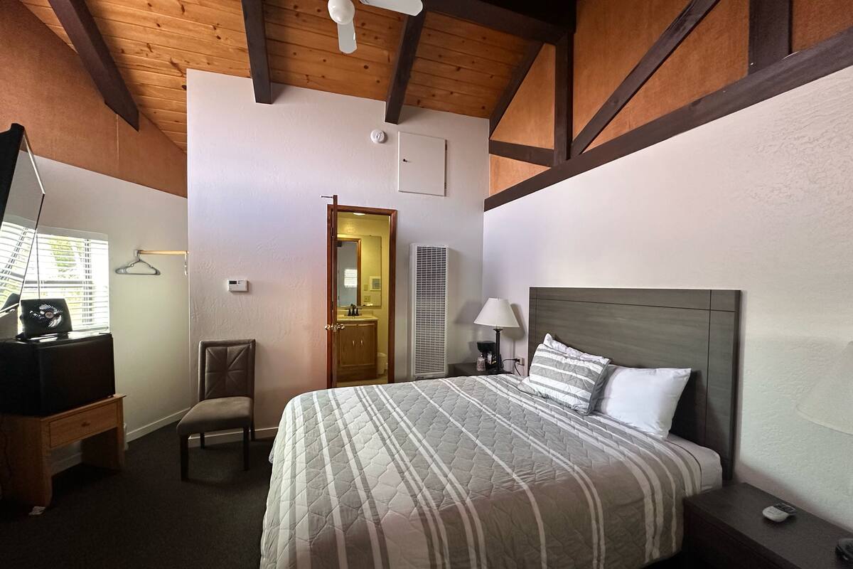 Una habitación de hotel con una cama, un escritorio con ordenador, una silla, una mesita de noche con lámpara y un ventilador de techo.